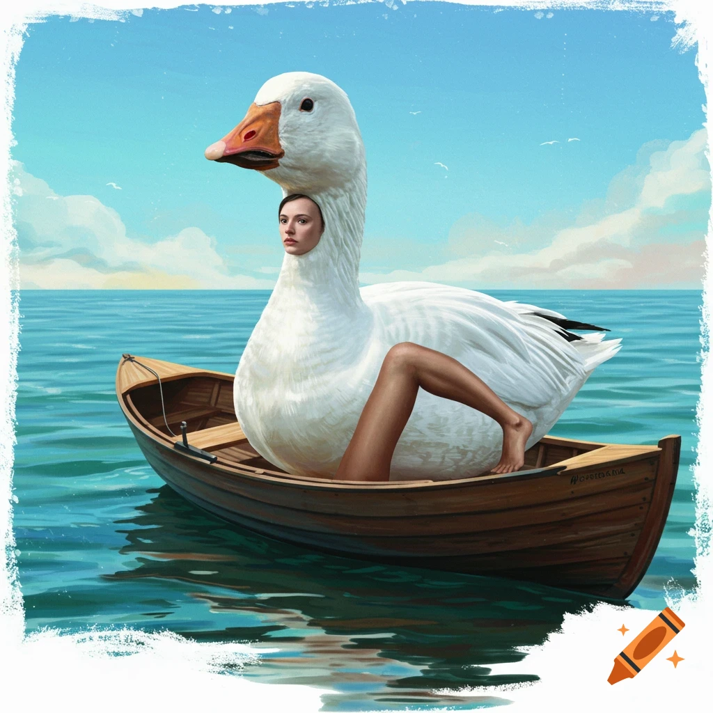 A surreal illustration of a person's head and legs coming out of a large goose in a rowboat on the water.