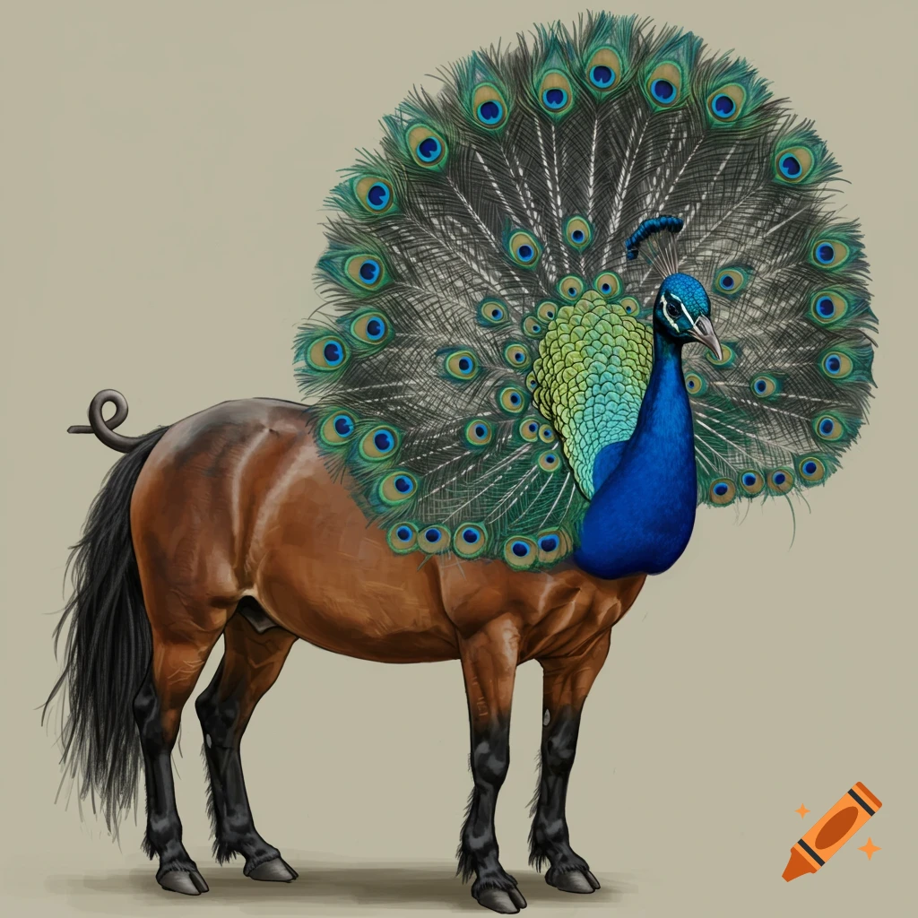 Illustration of a fantasy hybrid creature combining a peacock and a horse with a pig tail
