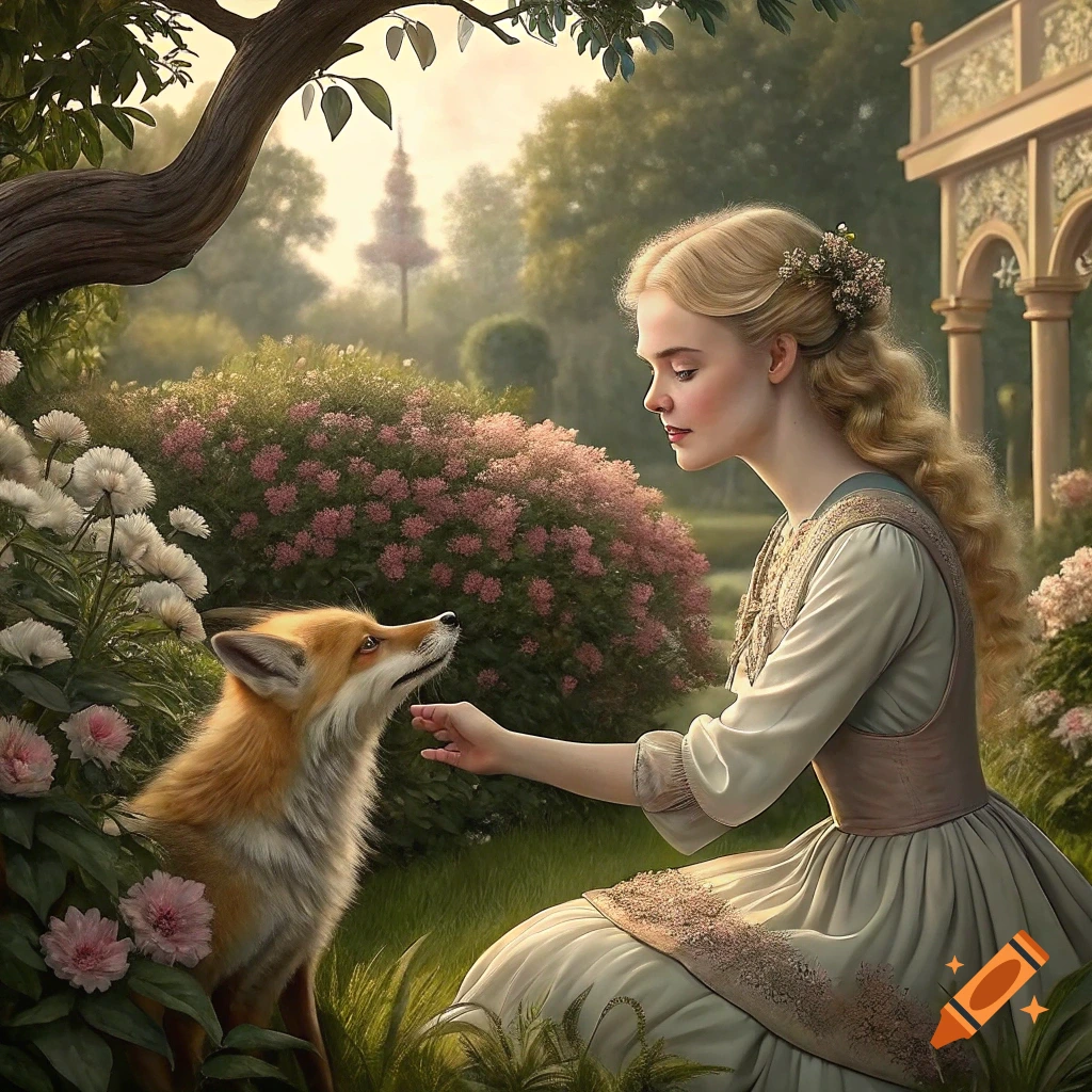 A photorealistic painting of a woman petting a fox in a lush garden.