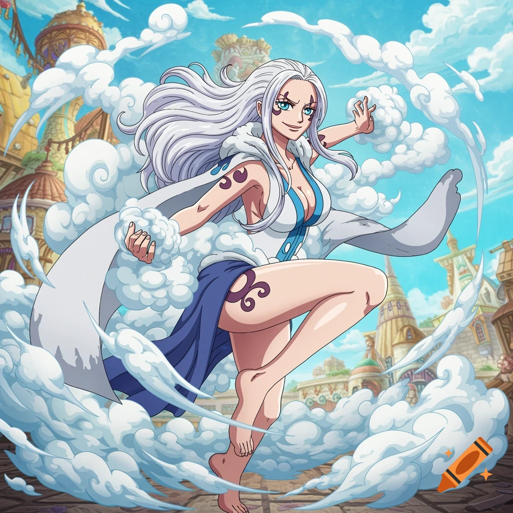 Anime style illustration of a white-haired woman with cloud powers against a city background.