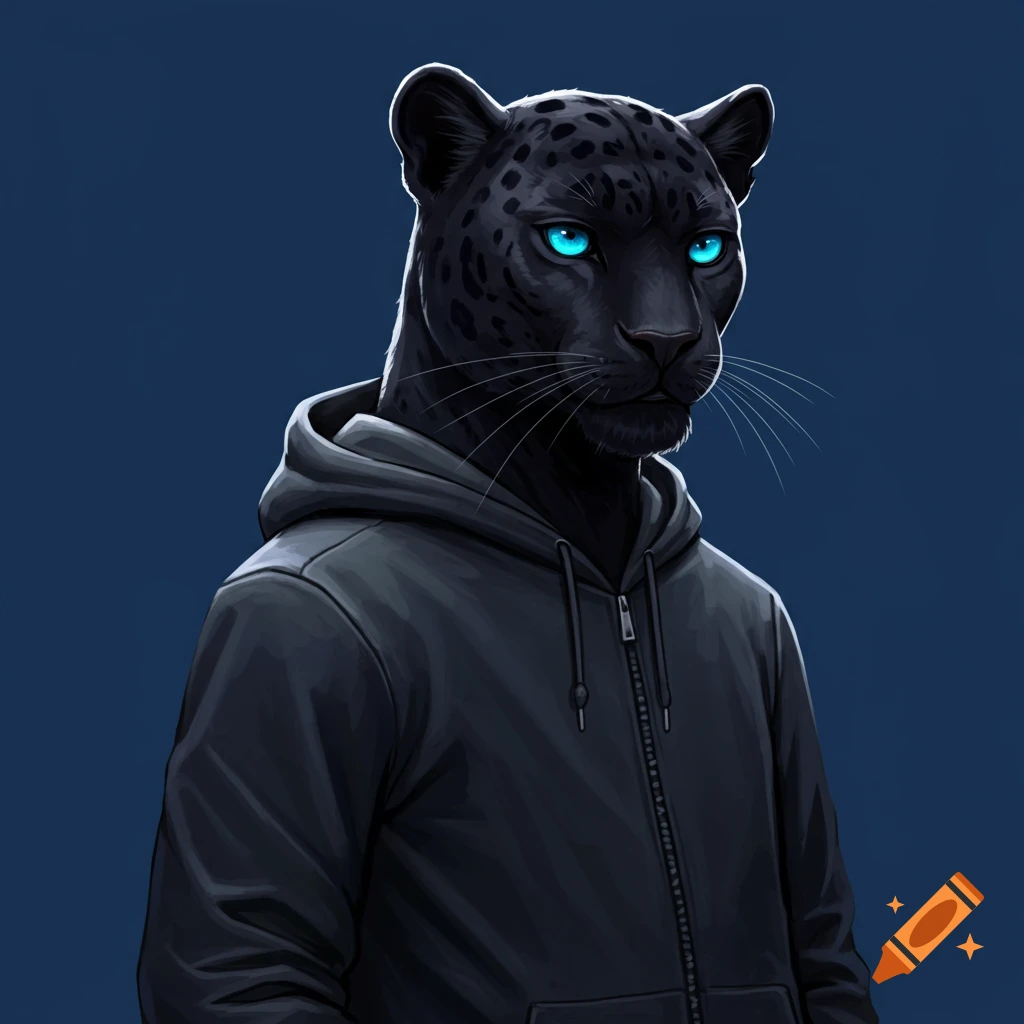 A black panther character wearing a black hoodie with bright blue eyes.