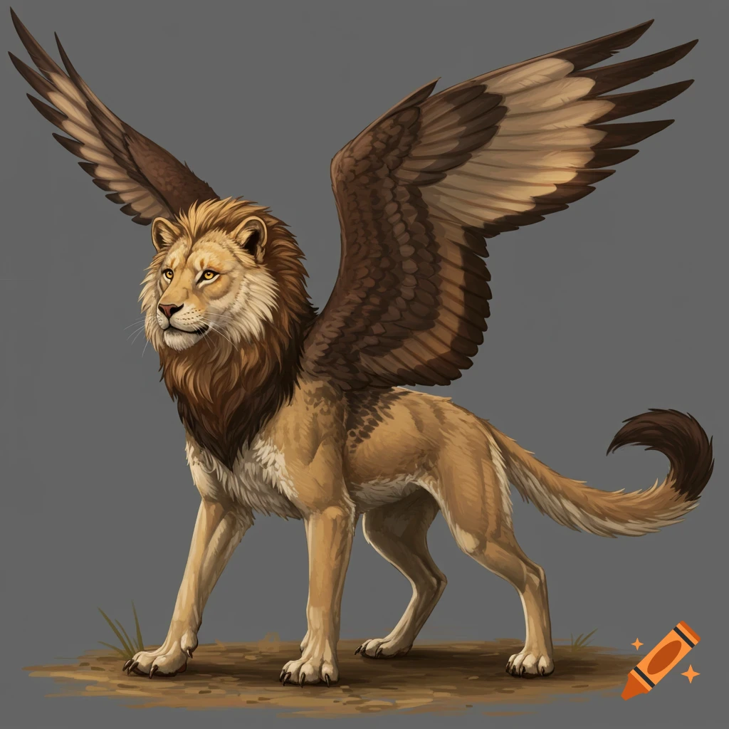 A winged lion creature stands.