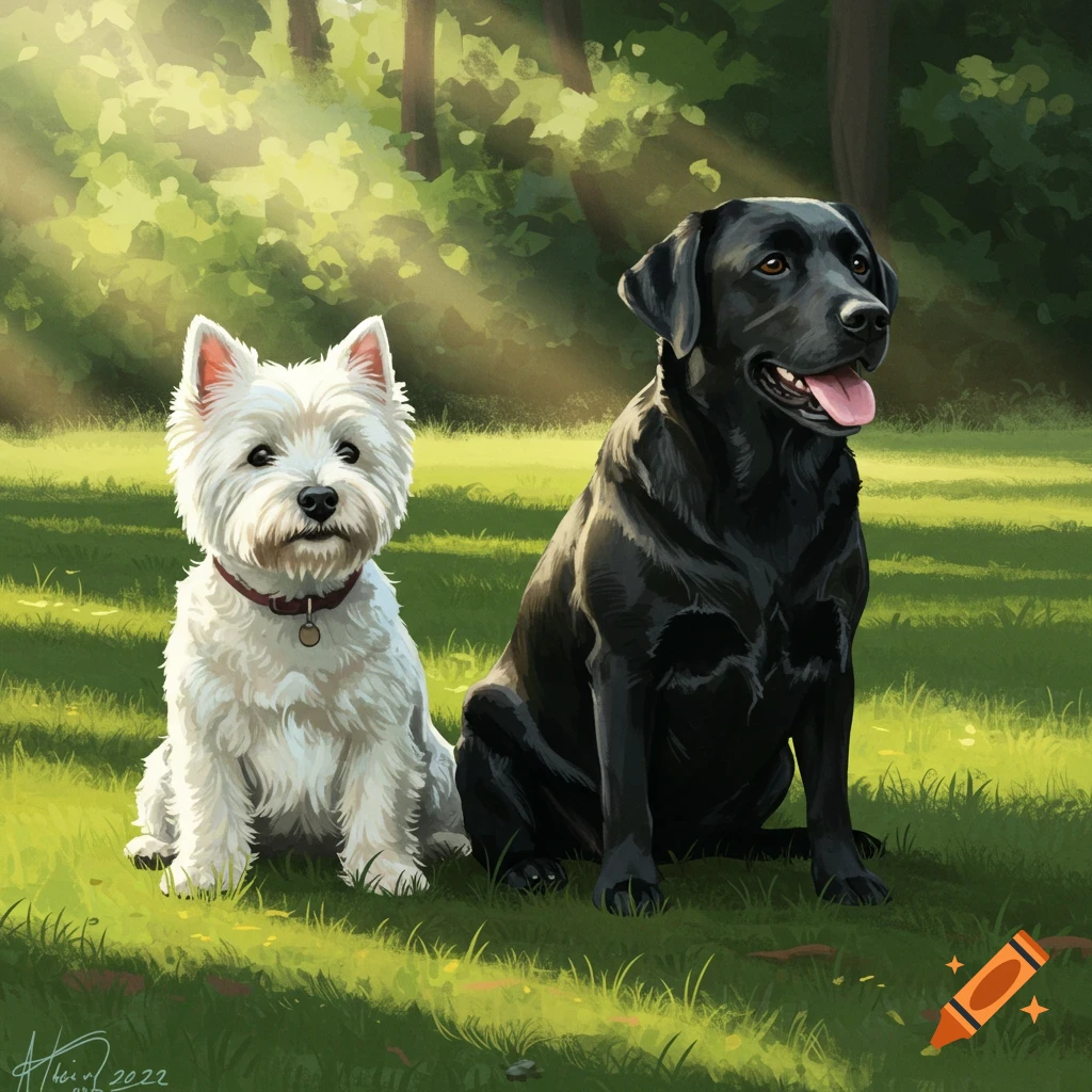 A white Westie and a black Labrador sitting in a sunny park.