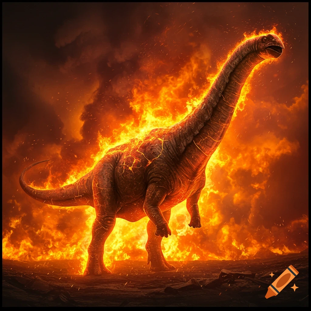 A large dinosaur covered in fire stands in a fiery landscape with dark smoke.
