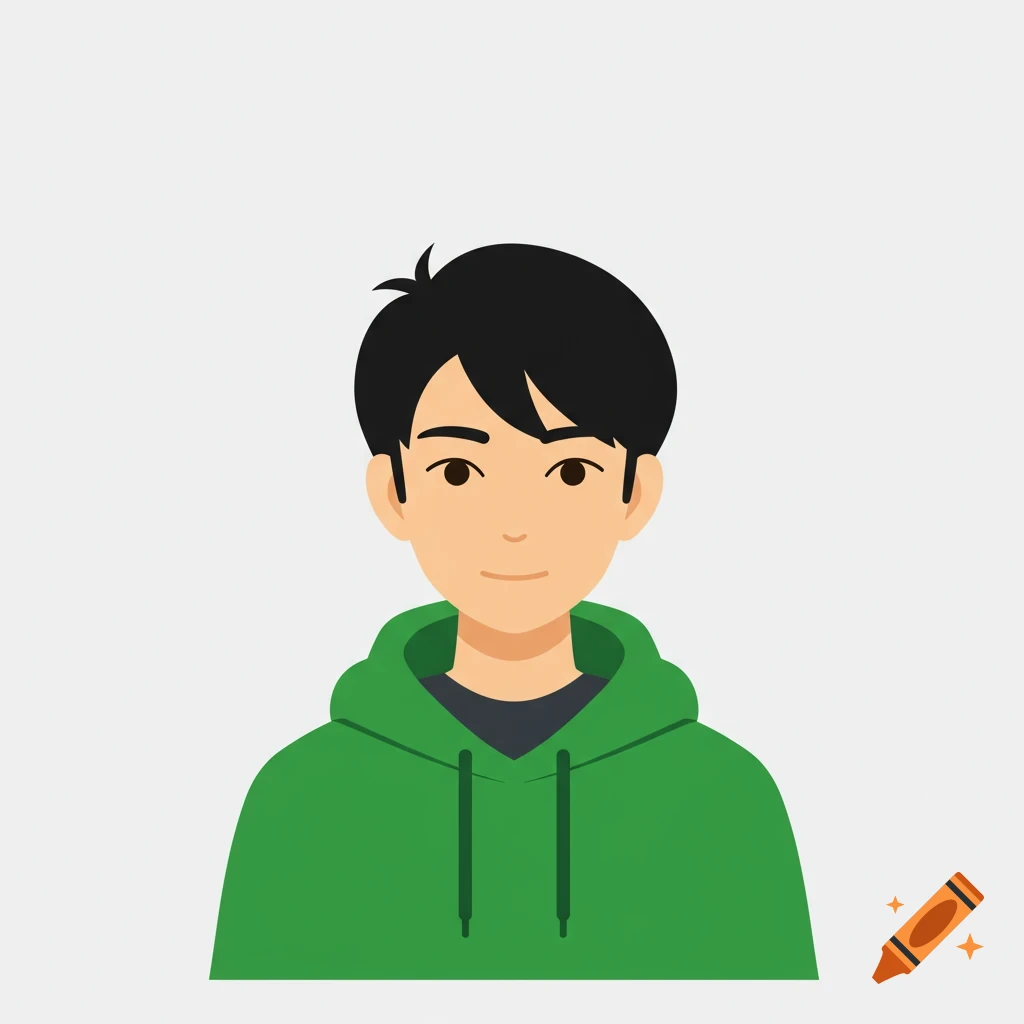 Minimalist illustration of a person with black hair and a green hoodie.