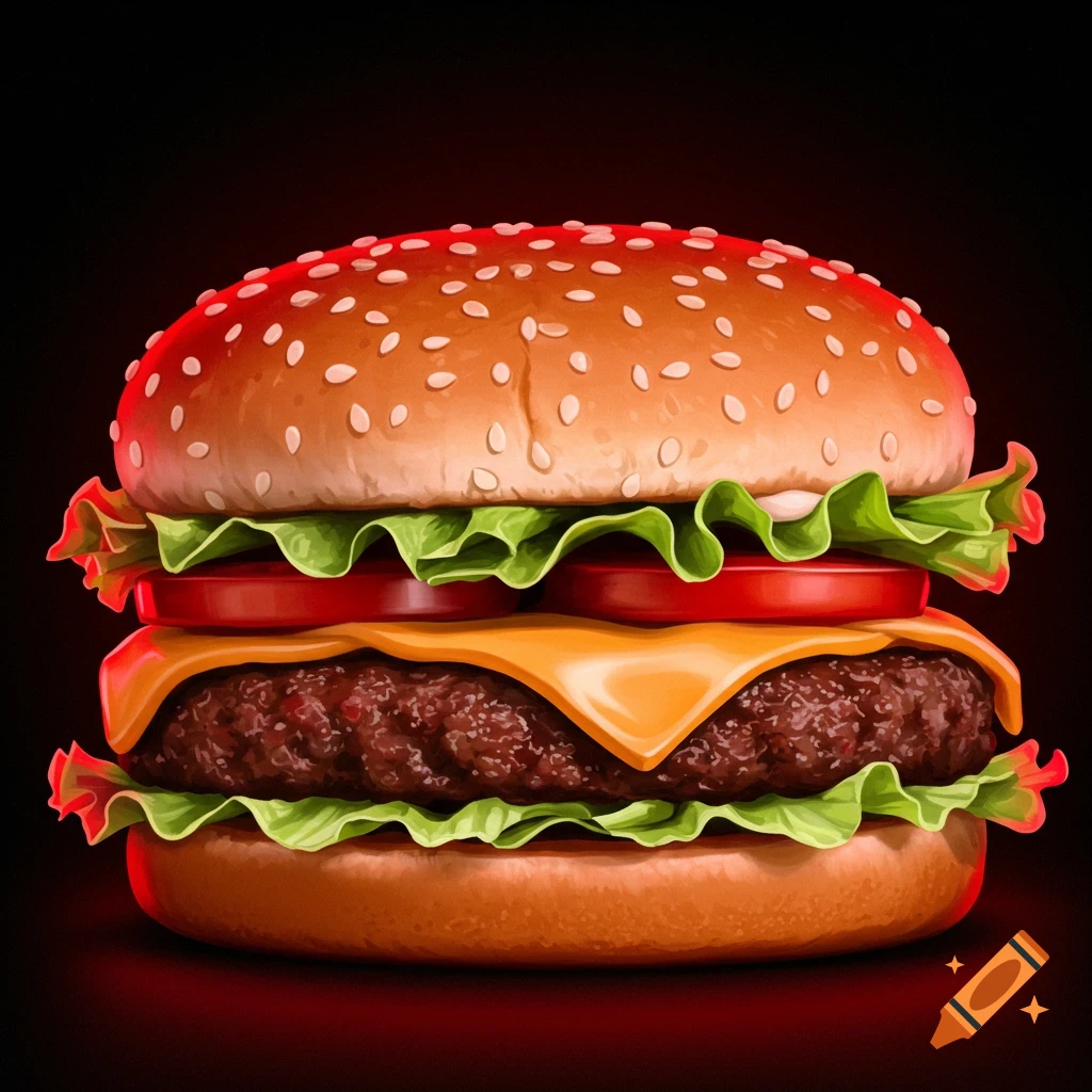 Detailed illustration of a burger with red lighting from below.