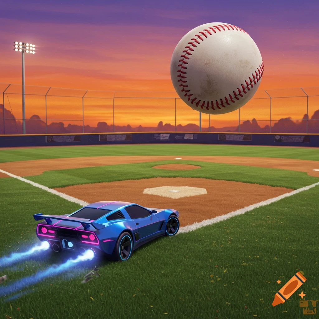 A stylized blue car with glowing exhaust sits on a baseball field under a giant floating baseball, in a video game style.