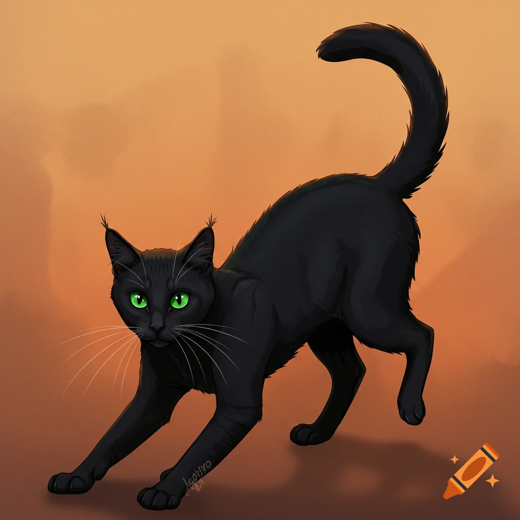 A black cat stretches with green eyes