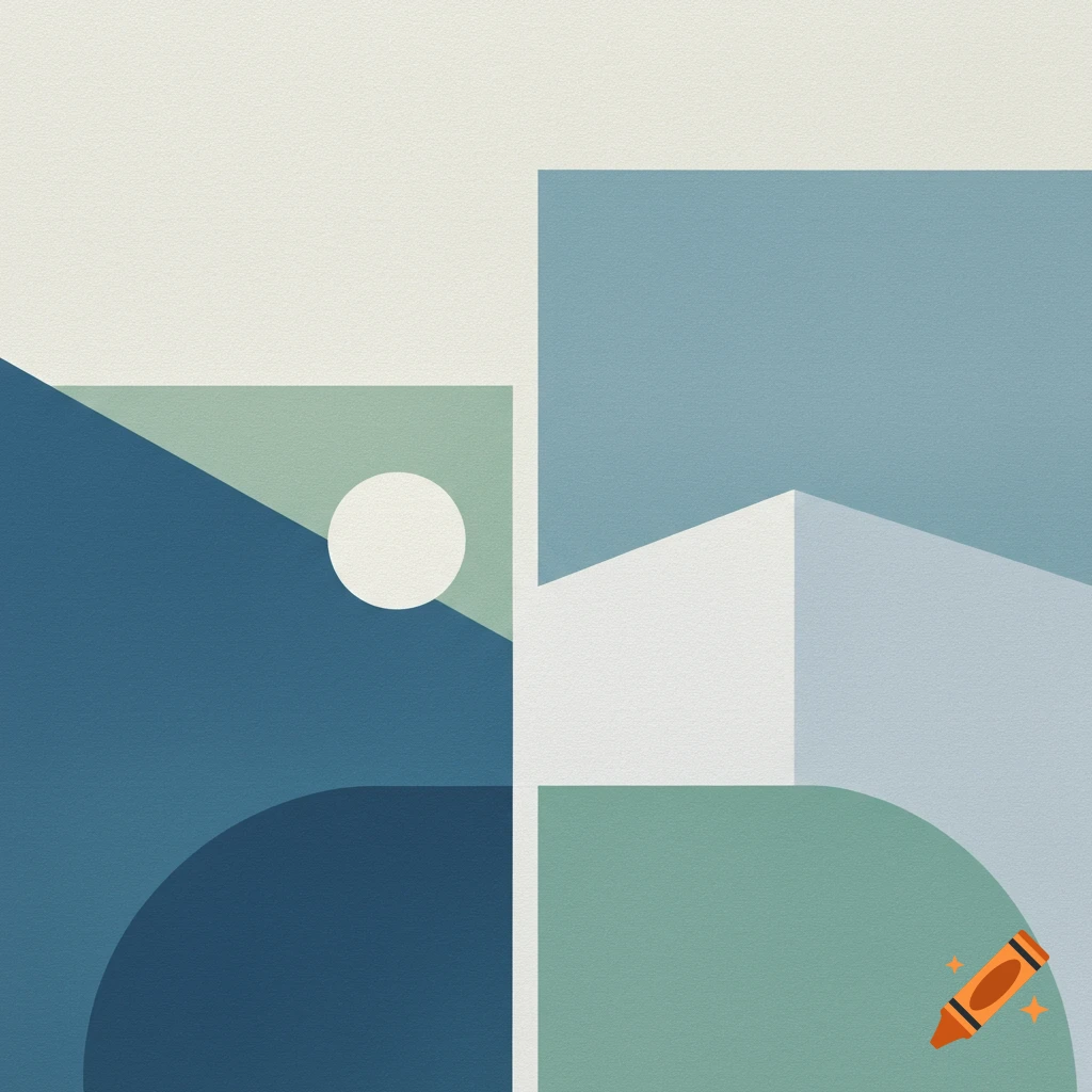 An abstract geometric composition with shapes in shades of blue, green, and white.