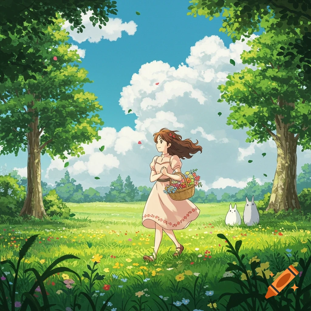 Anime style illustration of a girl with a flower basket walking through a meadow with two white creatures.