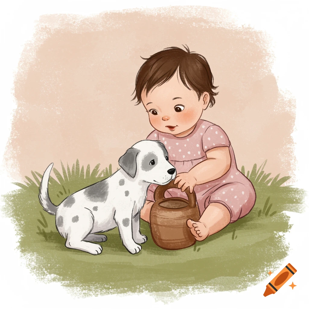 Storybook illustration of a baby sitting on grass with a spotted puppy and a pot.