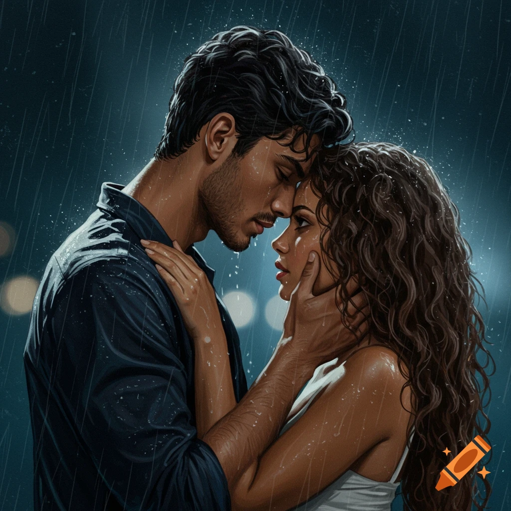 Illustration of a couple embracing in the rain, looking emotional