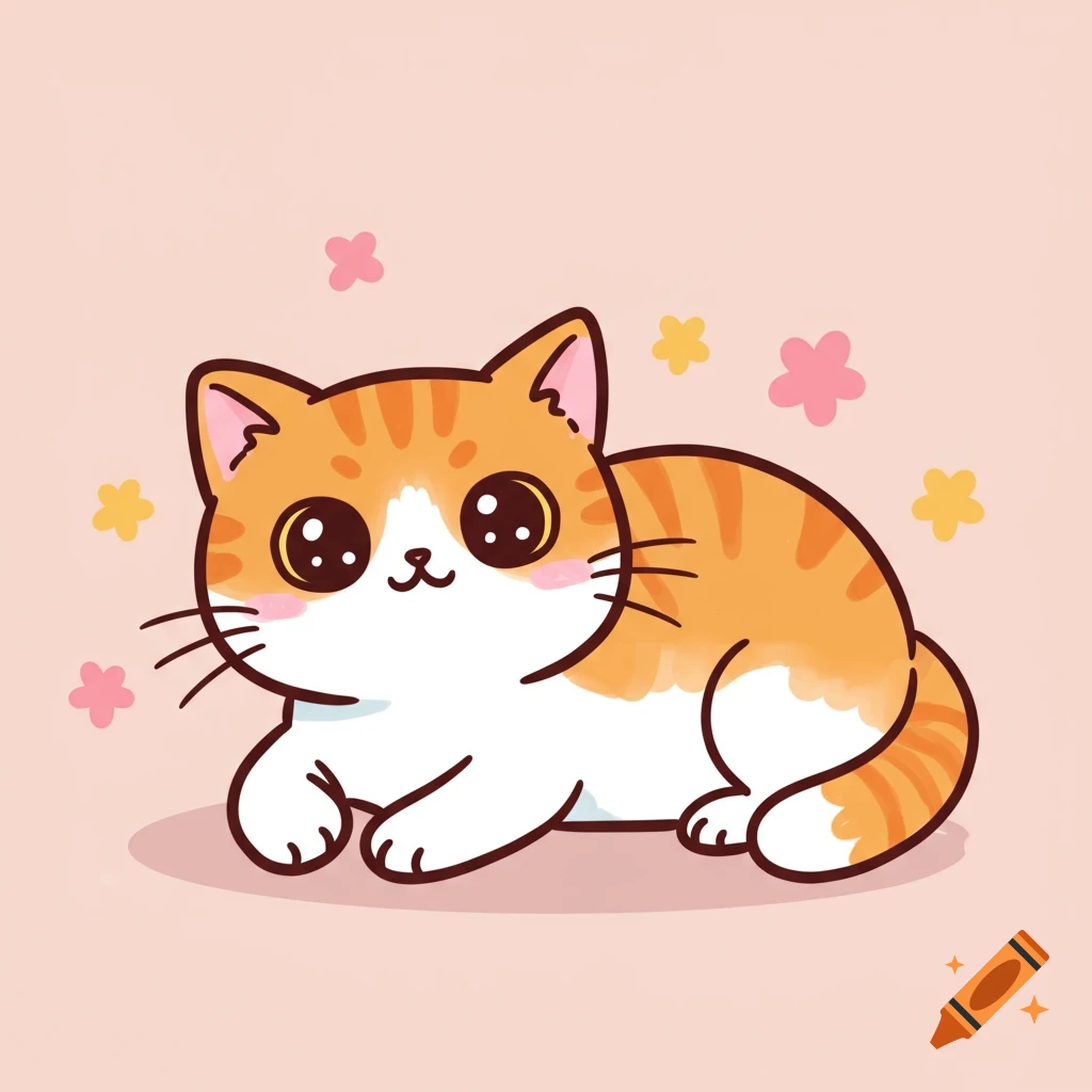 A cute orange and white cartoon cat lies down with flowers.