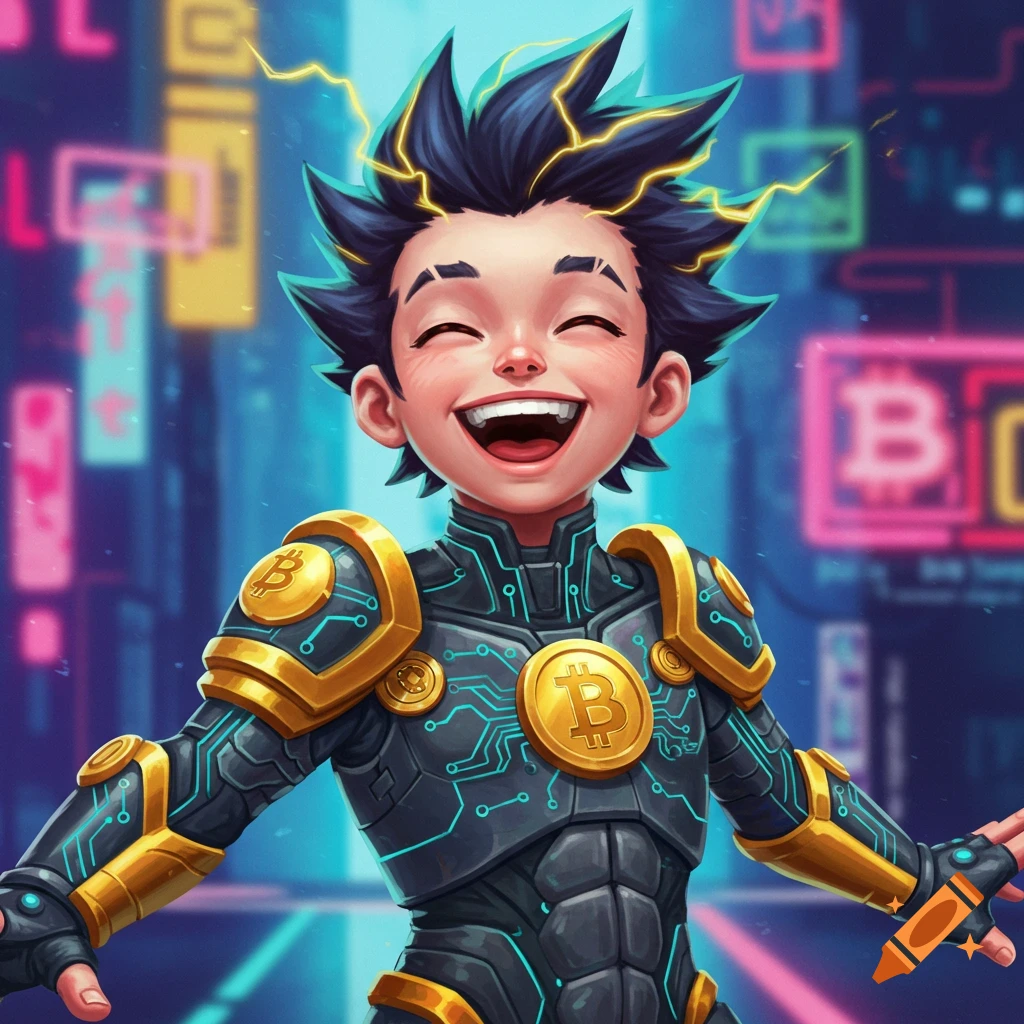 Stylized anime-like boy in futuristic armor with Bitcoin logos standing in  a neon city. on Craiyon