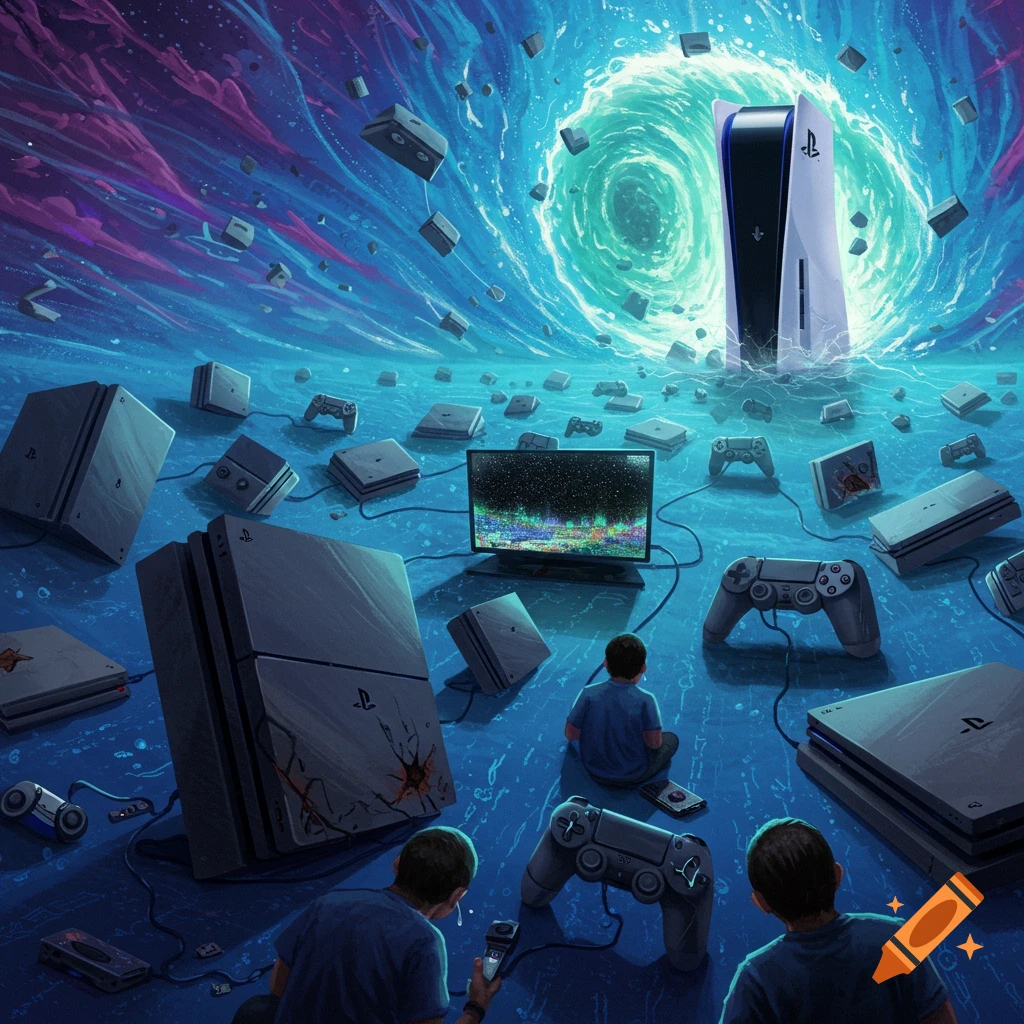 A surreal image of a PS5 emerging from a glowing vortex, surrounded by many PS4 consoles and controllers. People sit watching the scene.