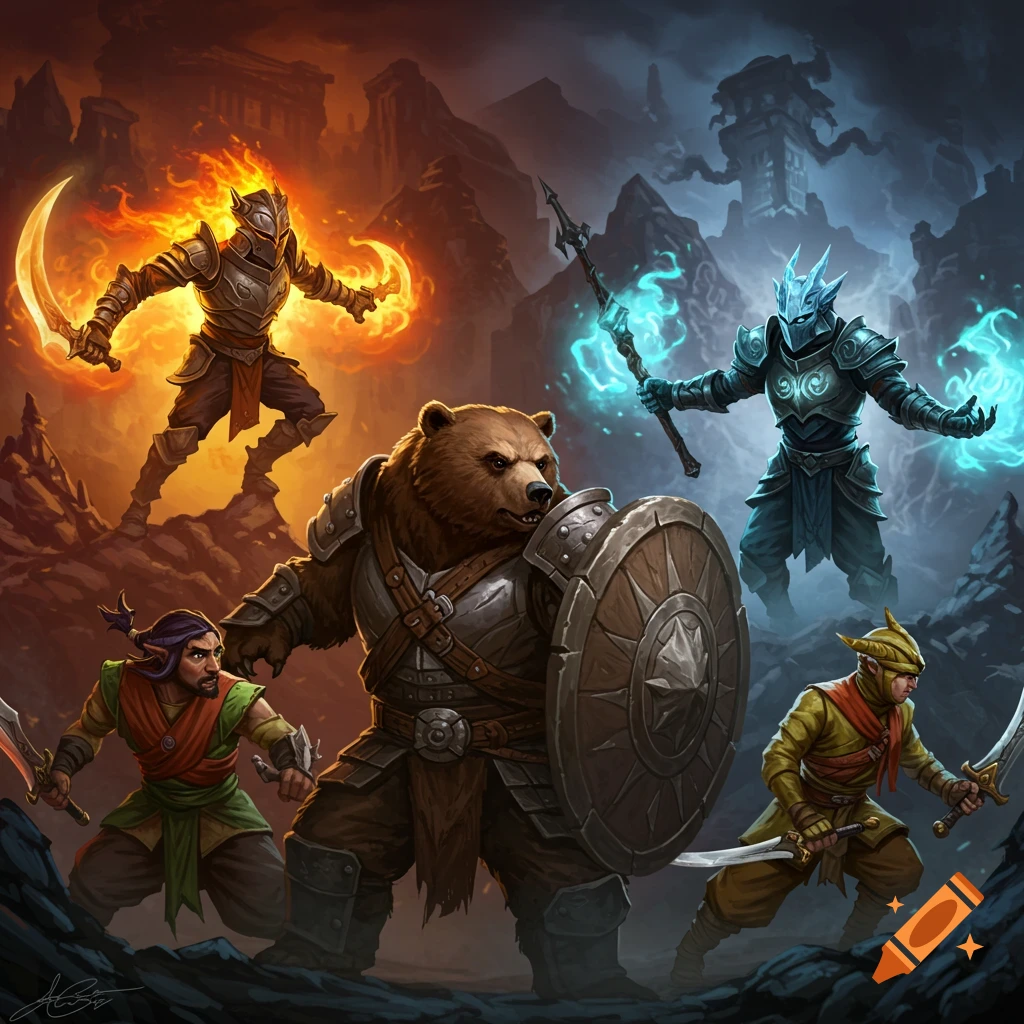 Fantasy characters including a bear warrior and elemental knights in a rocky landscape.