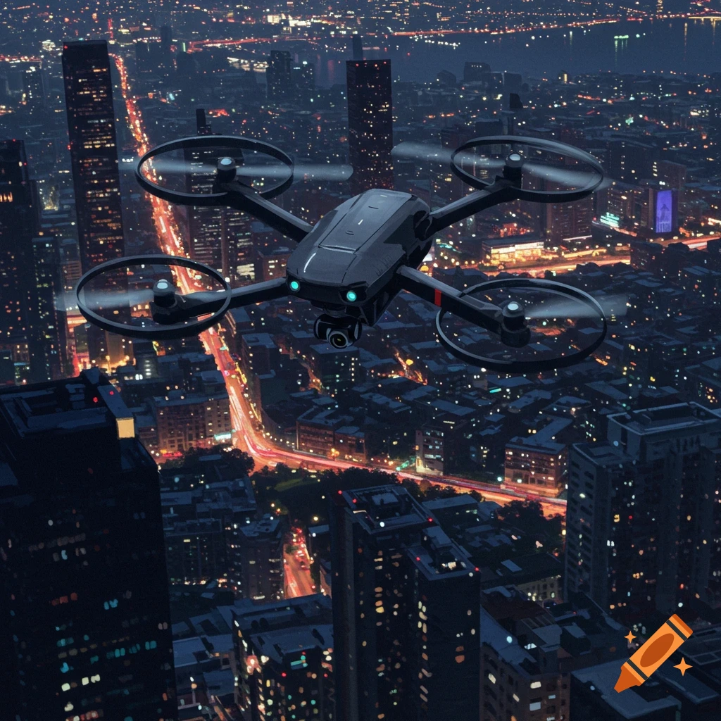A drone flies over a brightly lit city at night.