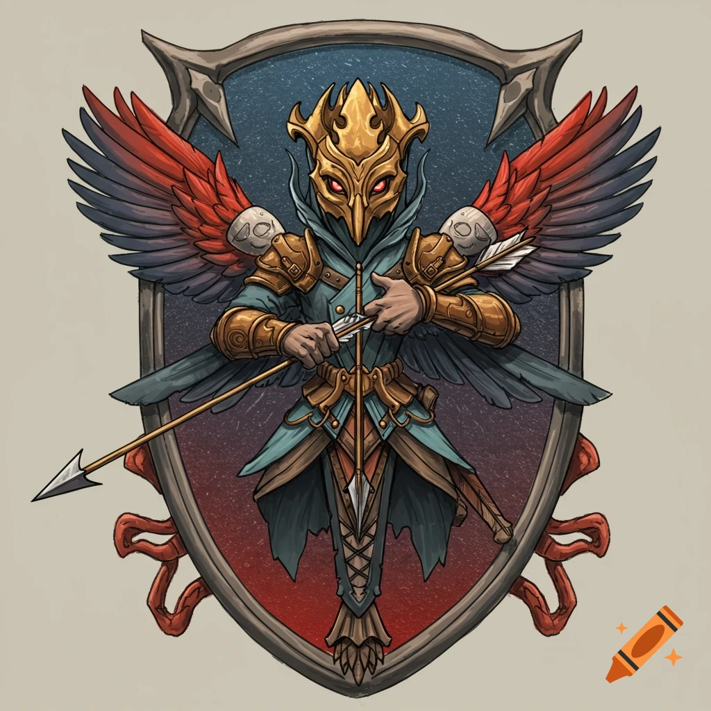 A winged figure in golden bird-like armor holds an arrow before a shield in an illustration.