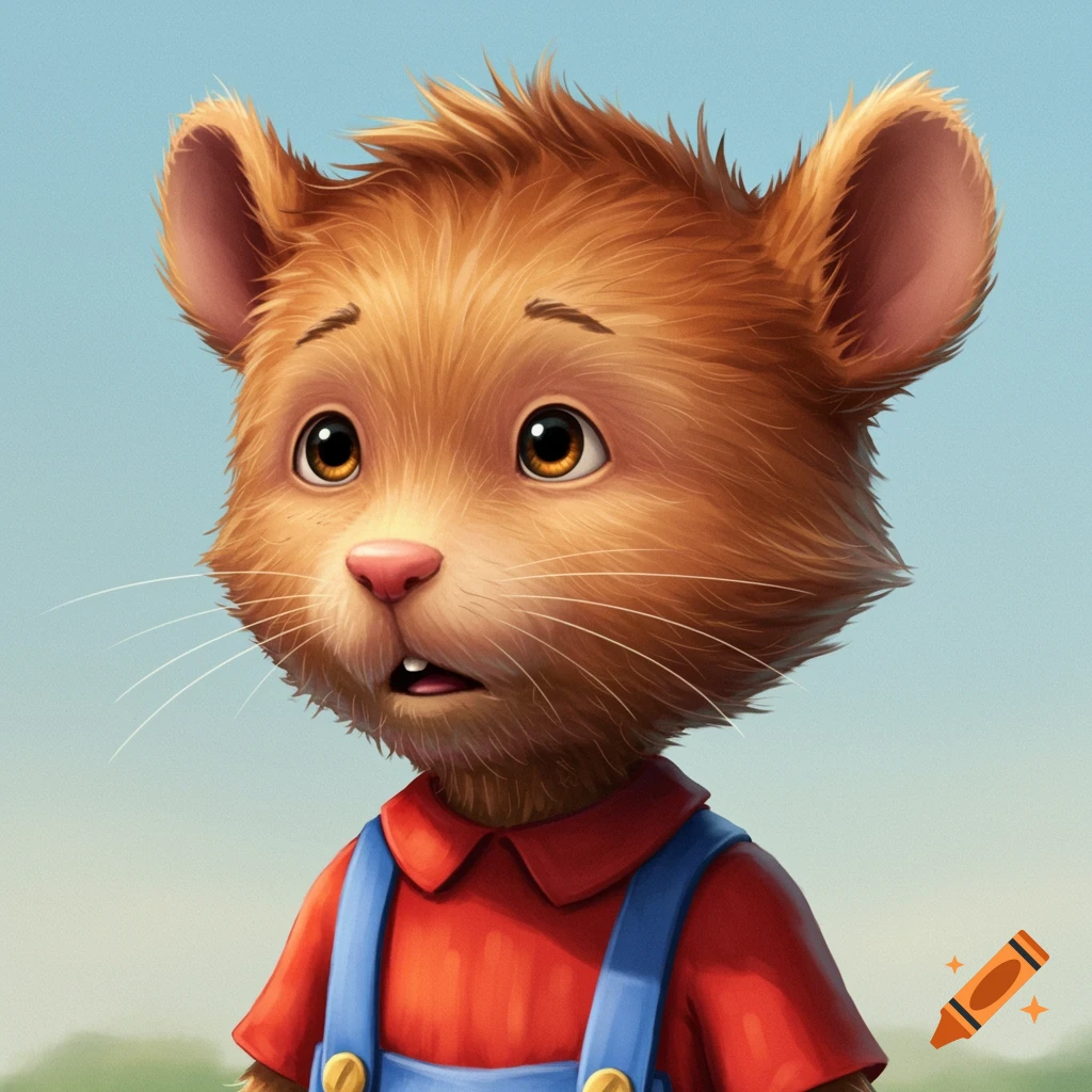 Close-up illustration of a furry animal character in overalls