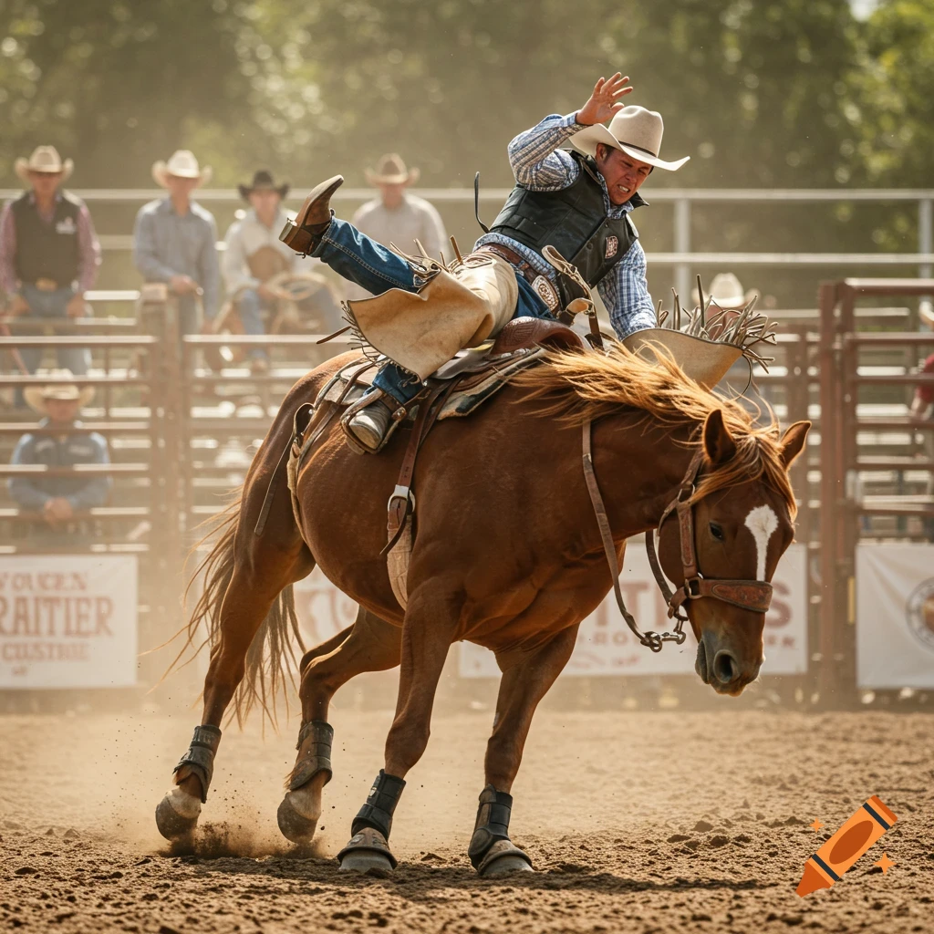 Photorealistic image of a cowboy being thrown from a bucking horse at a rodeo.