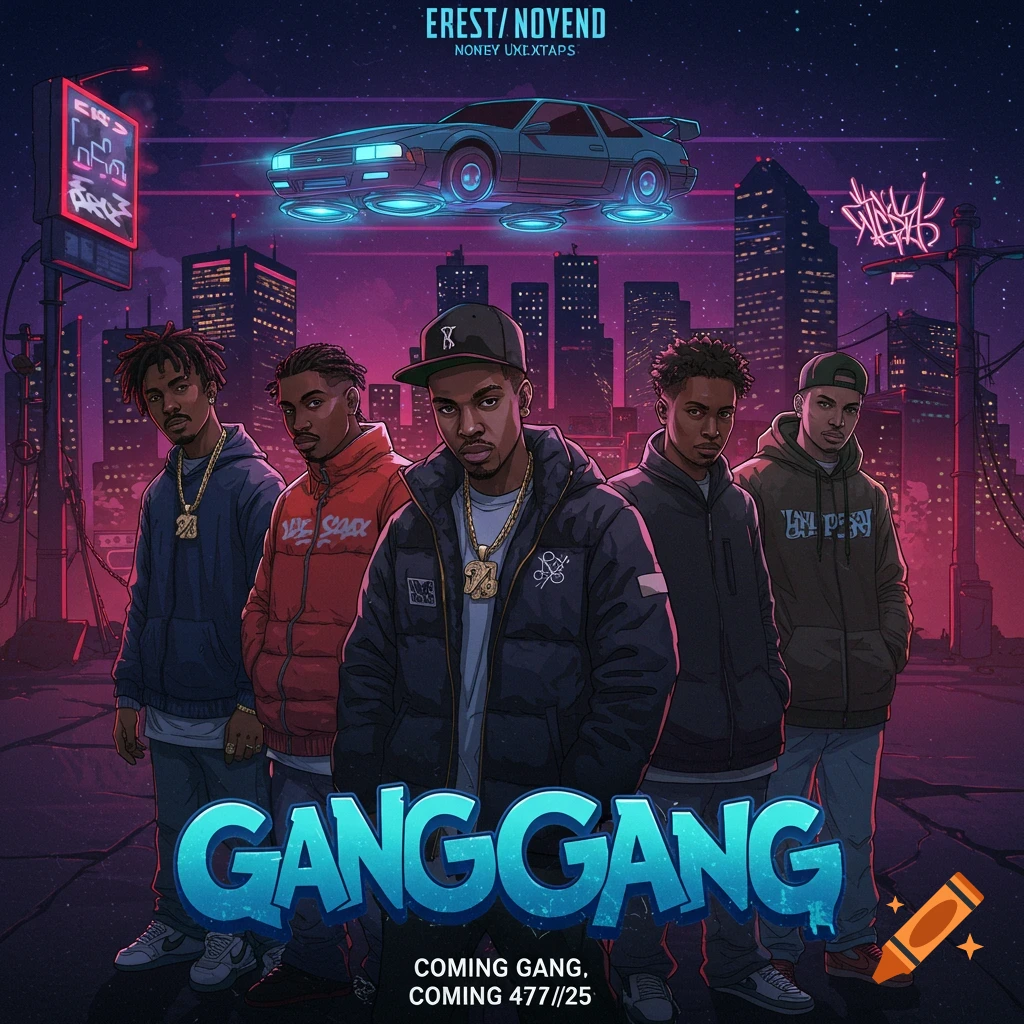 Stylized album art of five young men in urban street clothes standing in front of a futuristic city skyline with a hovering car. Text reads 'GANG GANG'.