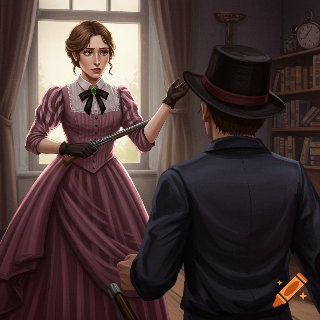 A woman in a purple 1860s dress points a rifle at a man in a top hat in a room.