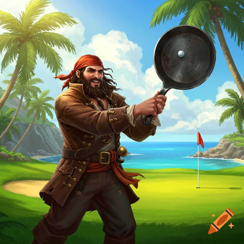 A cartoonish pirate swings a frying pan like a golf club on a tropical golf course.