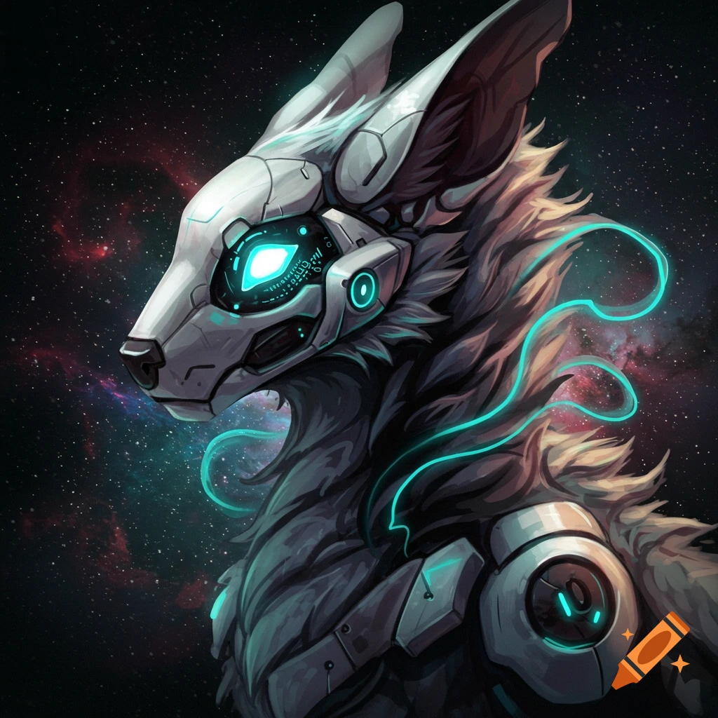 Close-up digital art portrait of a white and grey protogen character in space with a nebula background. Robotic head with glowing blue eye.