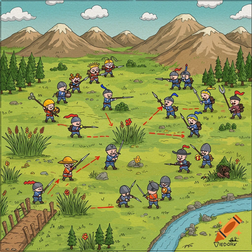 Cartoon illustration of soldiers positioned on a strategic map layout with arrows on a grassy field, mountains and river.