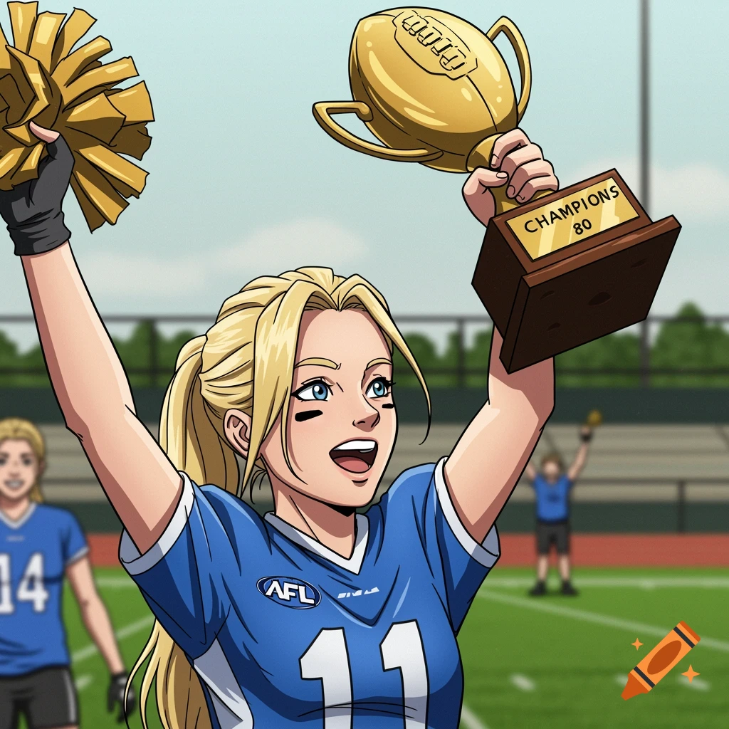 Cartoon woman in blue football uniform holding trophy and pom-pom on field