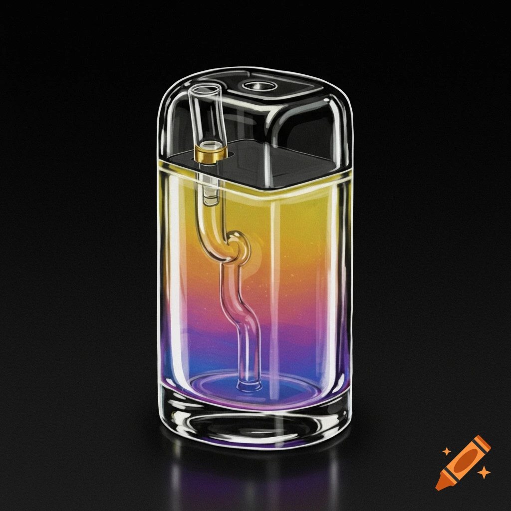 A clear glass object with a curved inner tube and colorful liquid against a dark background.