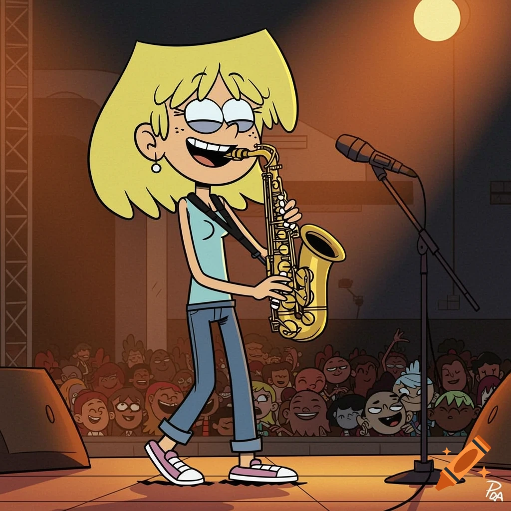 Lori Loud from The Loud House playing the saxophone on a stage in front of a crowd.