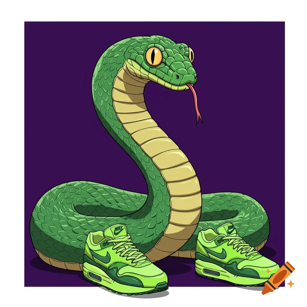 Illustration of a green snake with Nike shoes on a purple background.