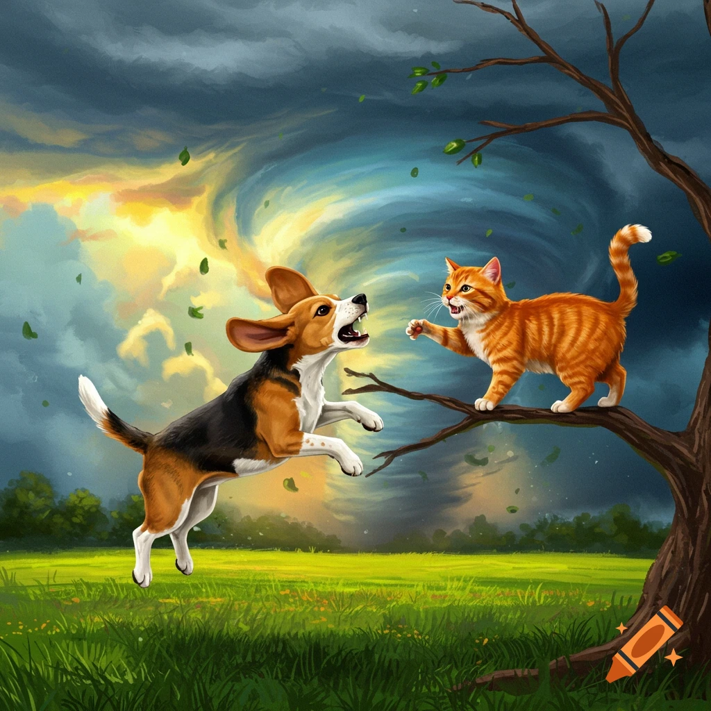 A beagle dog jumps at an orange cat on a branch under a swirling storm sky.