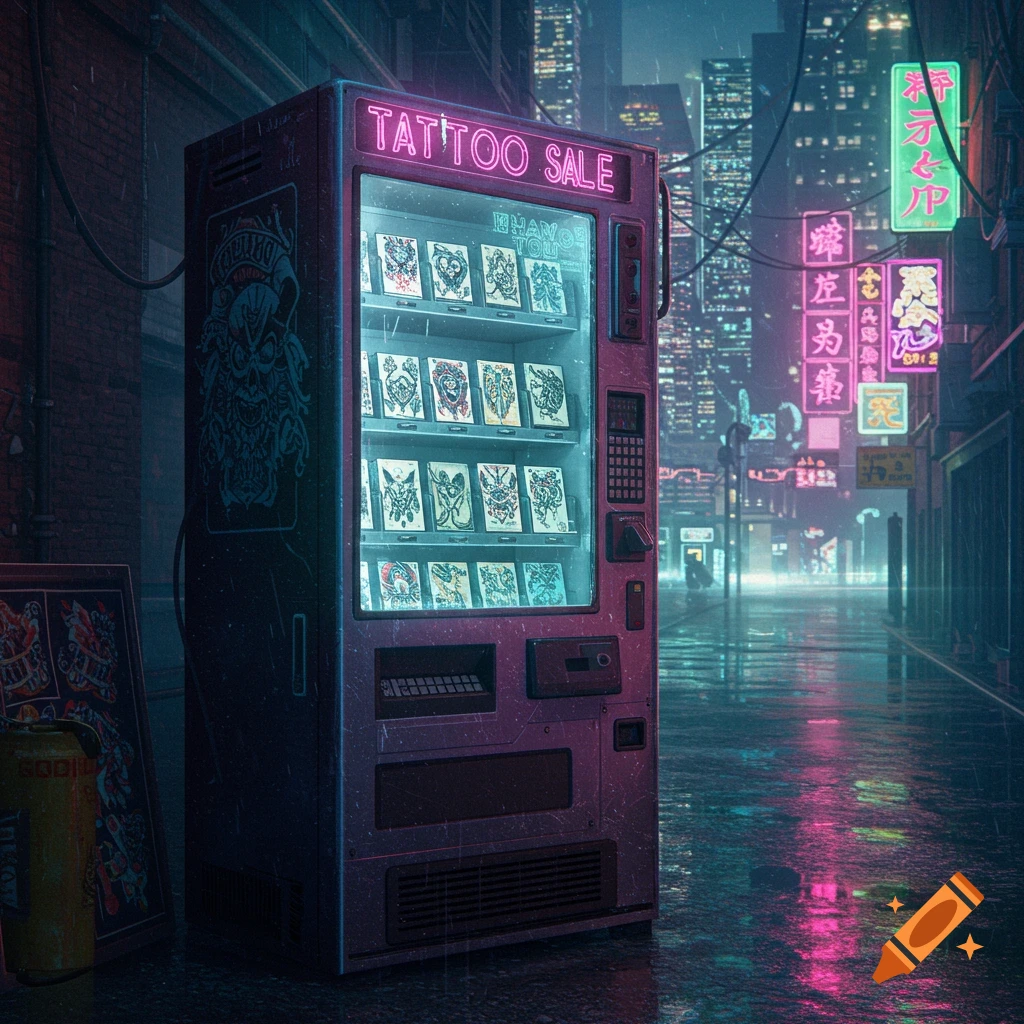 A cyberpunk street scene with a glowing vending machine selling tattoo designs in the rain.