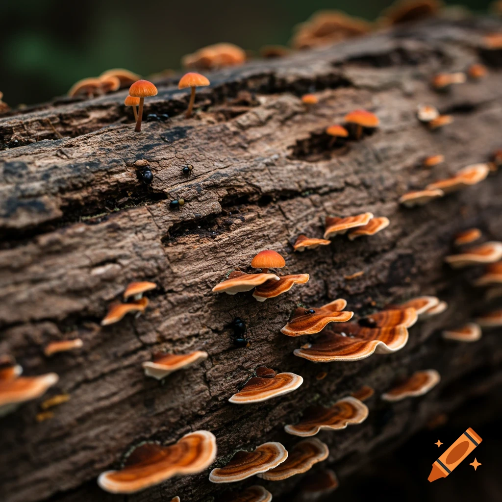 Close-up photo of a rotting log covered in small orange mushrooms and black insects.