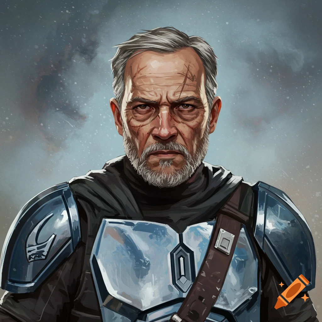 Portrait of a grizzled middle-aged man with gray beard, wearing futuristic blue and silver armor, with scars on his face.