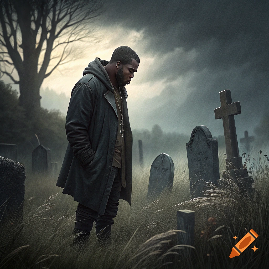 A man in a coat looks down at a grave in a rainy cemetery.