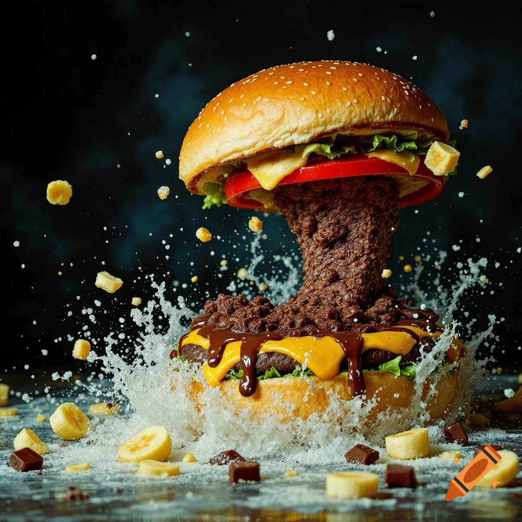 Surreal photo of a hamburger exploding like a mushroom cloud with water splashes, banana slices, and chocolate pieces flying around it on a dark background.