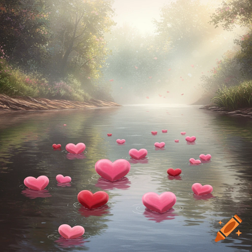 Pink and red hearts float on a river in a misty, sunlit forest illustration