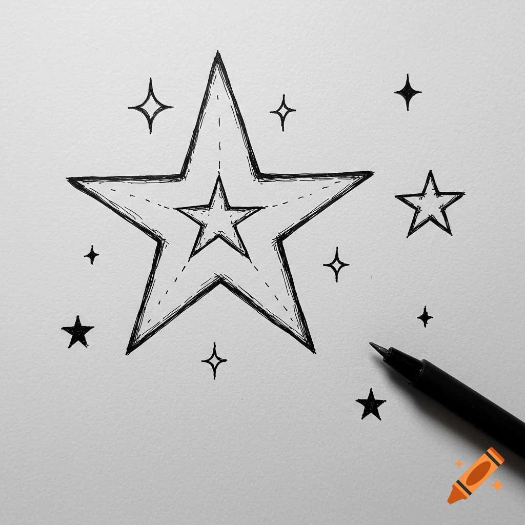 A black pen drawing of stars and star shapes on white paper, with a pen visible.