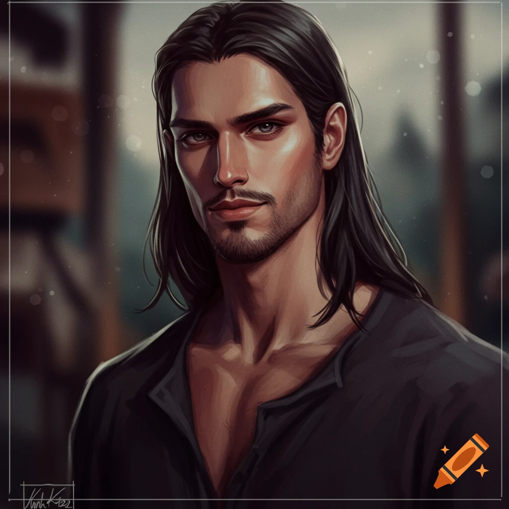 Digital art portrait of a handsome man with long dark hair and beard.