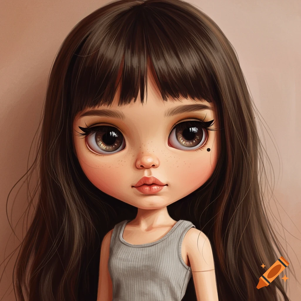 Portrait of a stylized doll with big eyes, bangs, long dark hair, and a grey tank top.
