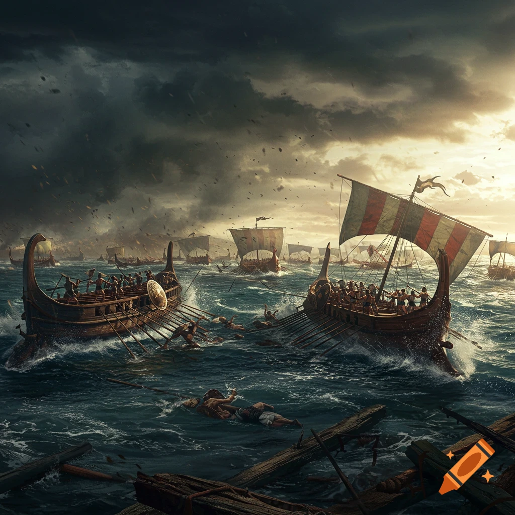 Illustration of a chaotic ancient naval battle with galleys clashing in a stormy sea, soldiers fighting, and figures in the water.