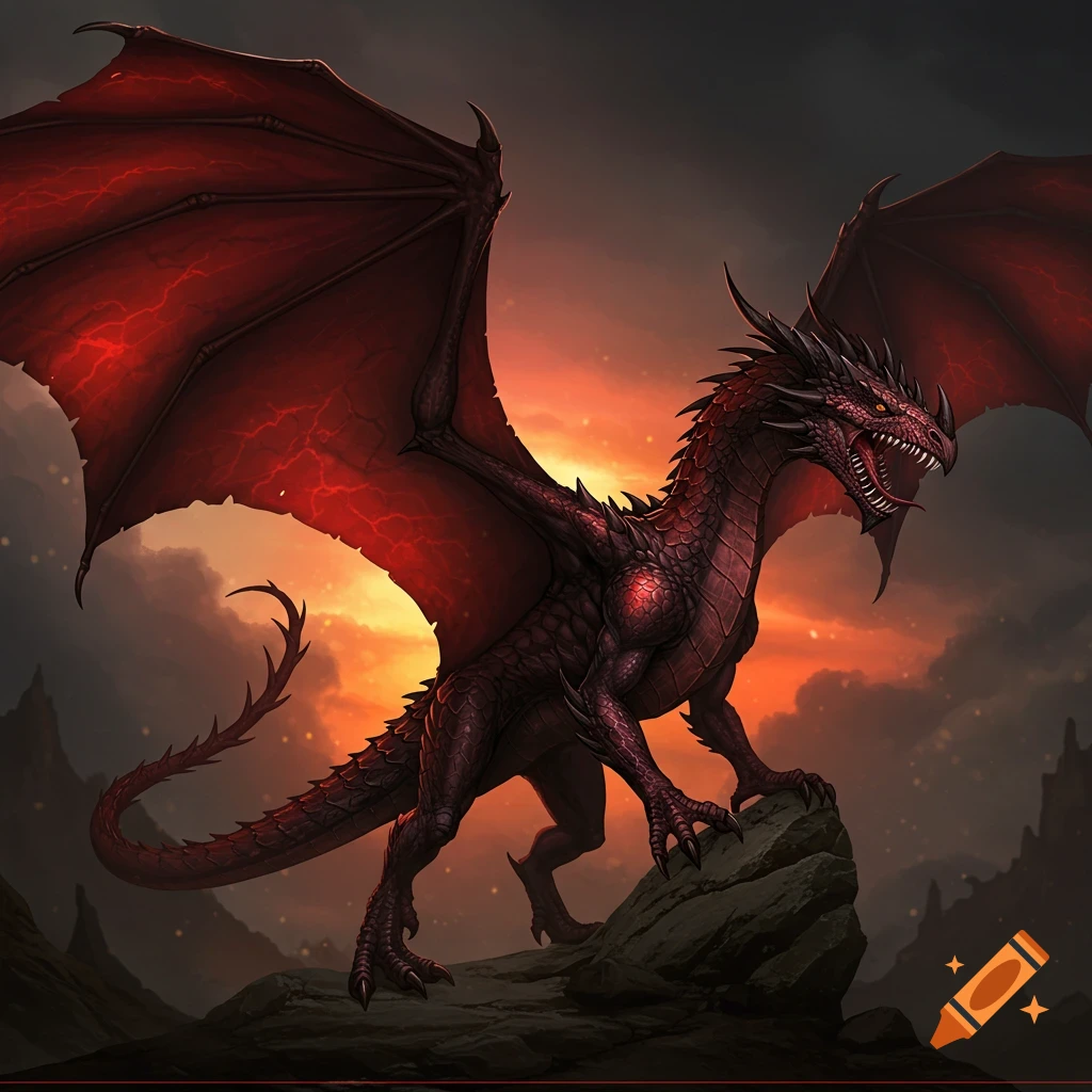 A dark red dragon with large, glowing red wings stands on a rocky outcrop against a fiery, dramatic sky.