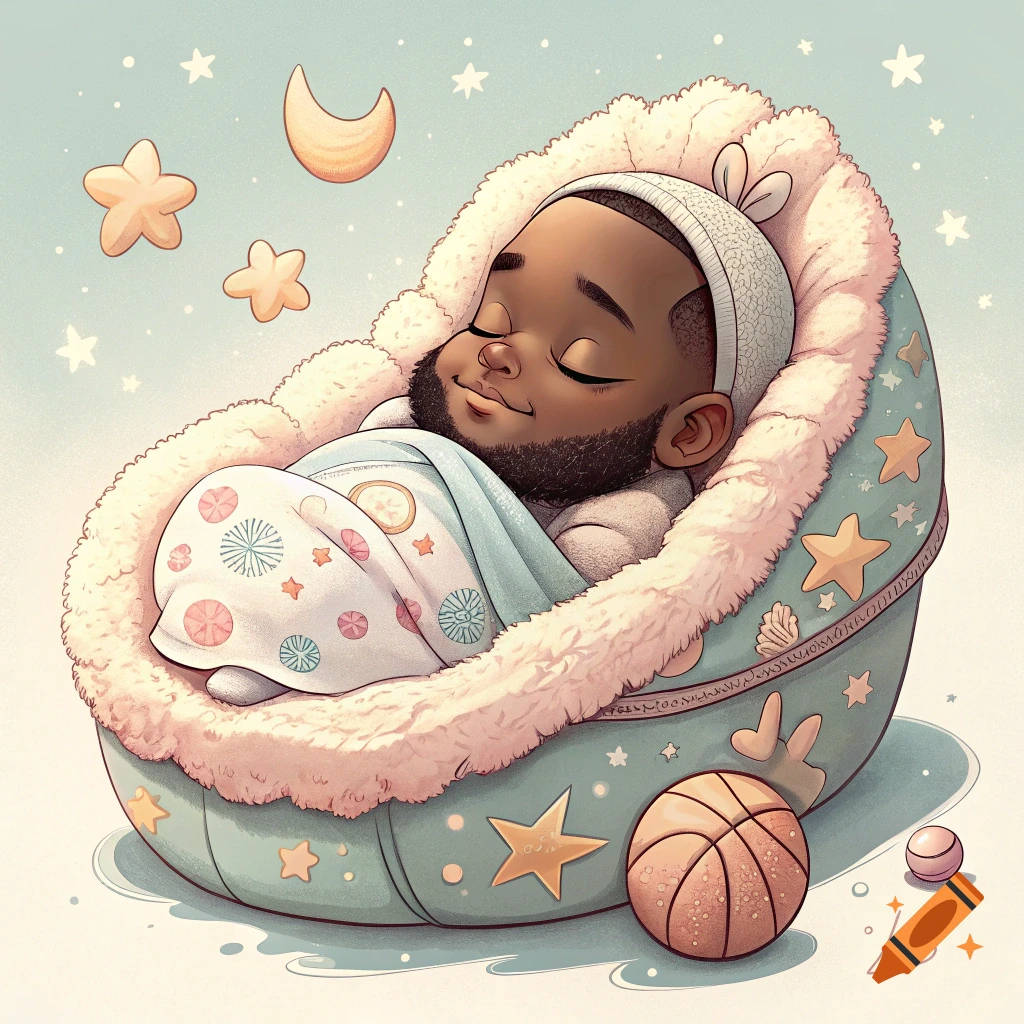 Cute cartoon baby with a beard sleeping in a fluffy cradle with stars and moons.