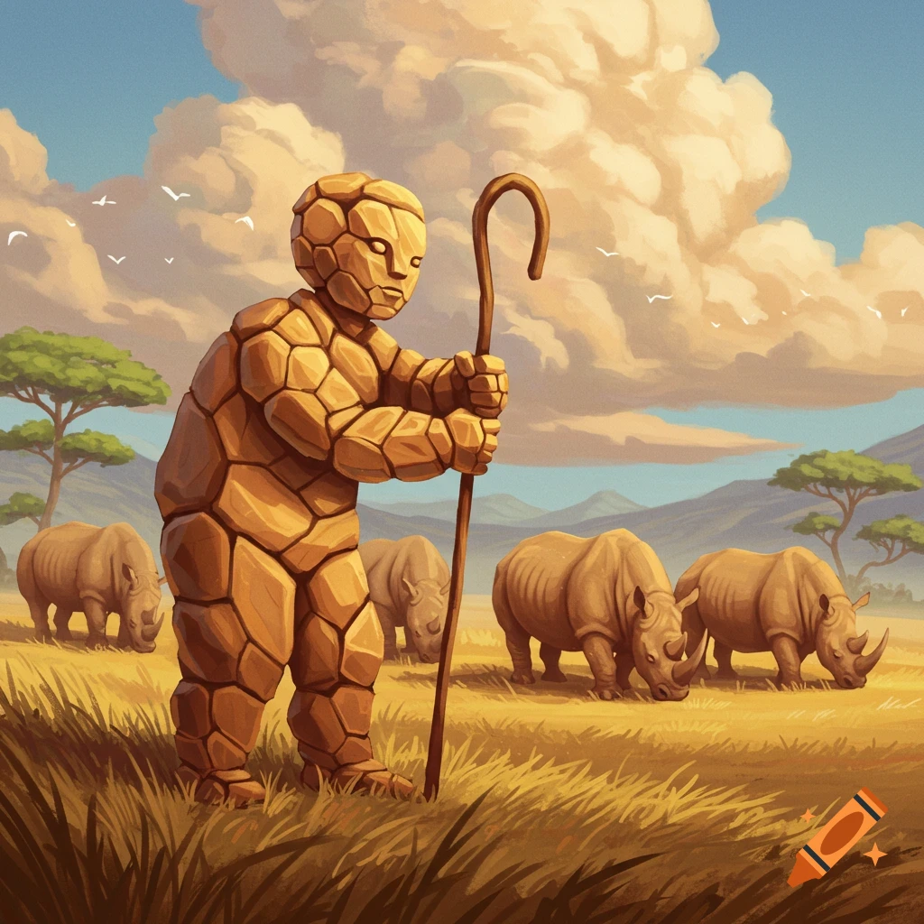 A rock humanoid figure with a staff stands among rhinos grazing in a savanna, illustrated.