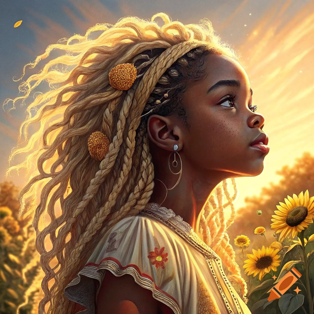 Girl with blonde boho braids in a sunflower field at sunset