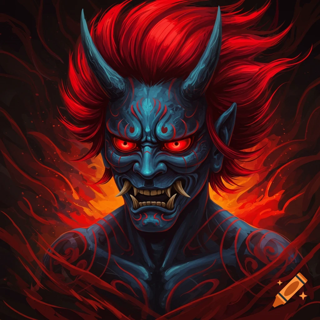 A digital illustration of a blue-skinned Japanese demon (Oni) with red hair, horns, and glowing red eyes, surrounded by red smoke.
