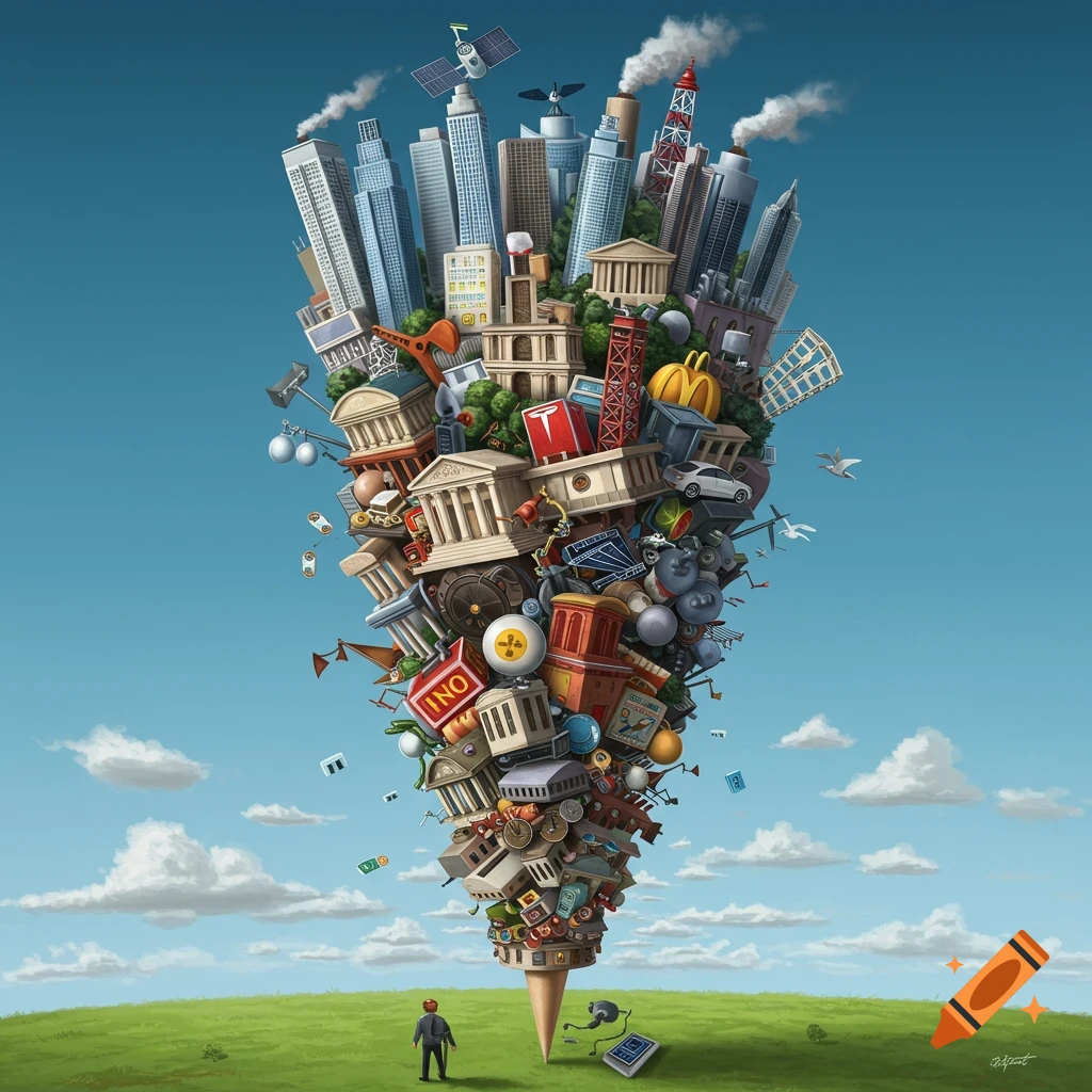 Illustration of a giant, chaotic tower of buildings and objects balancing on a tiny point, with a small figure watching.